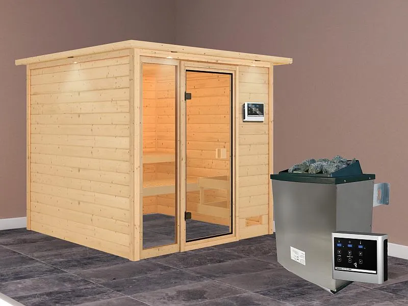 Karibu Sauna Jutta mit 9 kW Ofen ext. Strg und Dachkranz 38 mm