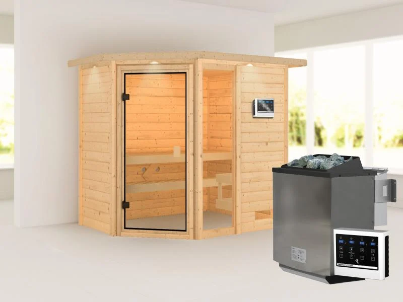 Karibu Sauna Jada mit 9 kW Bioofen ext. Strg und Dachkranz 38 mm