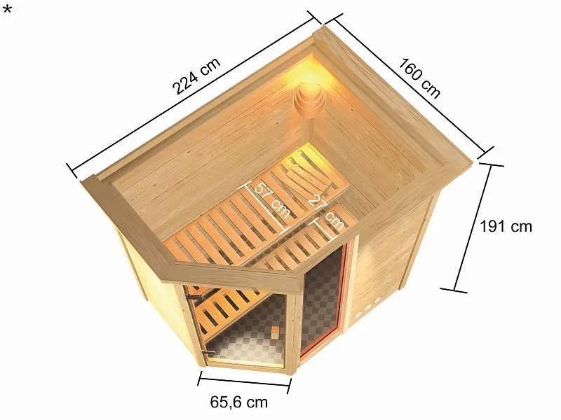 Karibu Sauna Jada mit 9 kW Ofen ext. Strg und Dachkranz 38 mm
