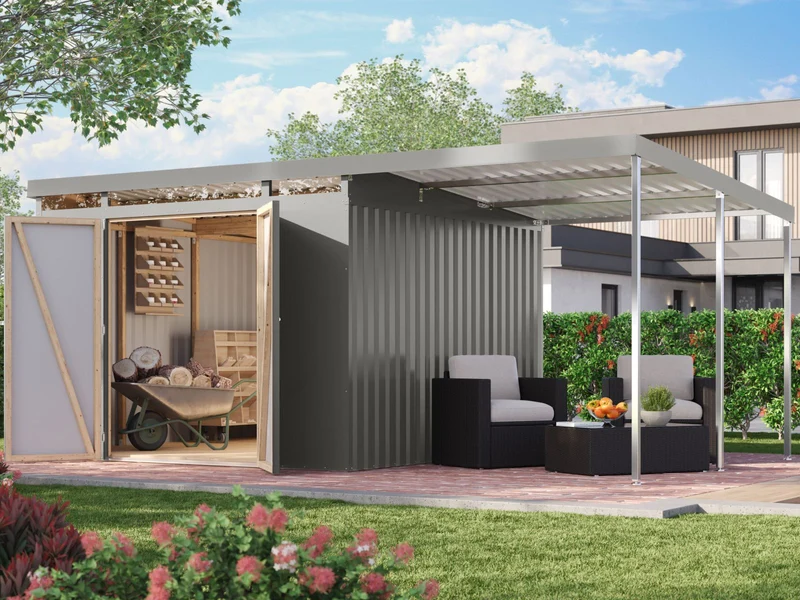 Karibu Metallgerätehaus Iridium 3,5 in Graualuminium, inkl. Anbaudach 2m