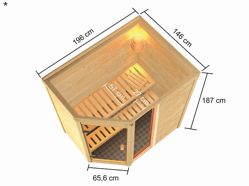 Karibu Sauna Jada mit 9 kW Bioofen ext. Strg 38 mm