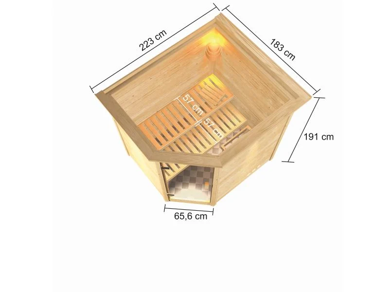 Karibu Sauna Elea inkl. 9 kW Ofen ext. Steuerung mit klassischer Saunatür -mit Dachkranz-