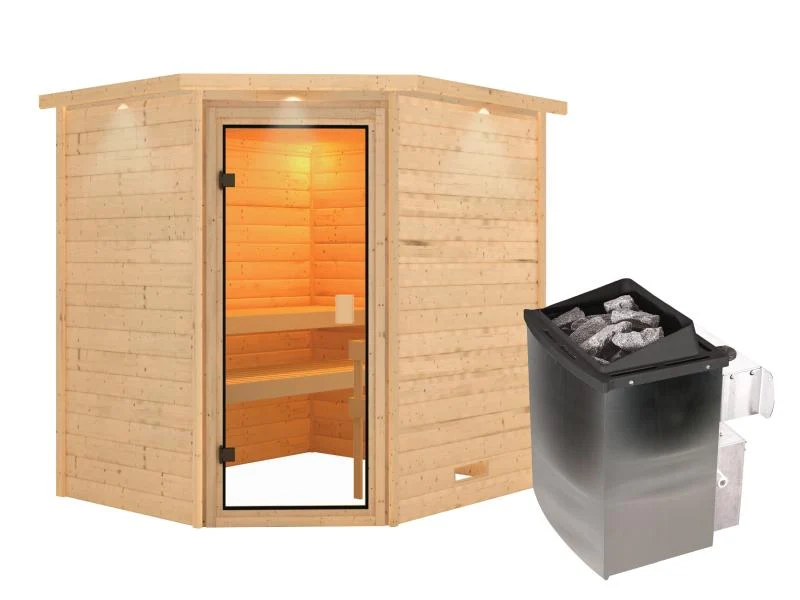 Karibu Sauna Elea inkl. 9 kW Ofen integr. Steuerung mit klassischer Saunatür -mit Dachkranz-