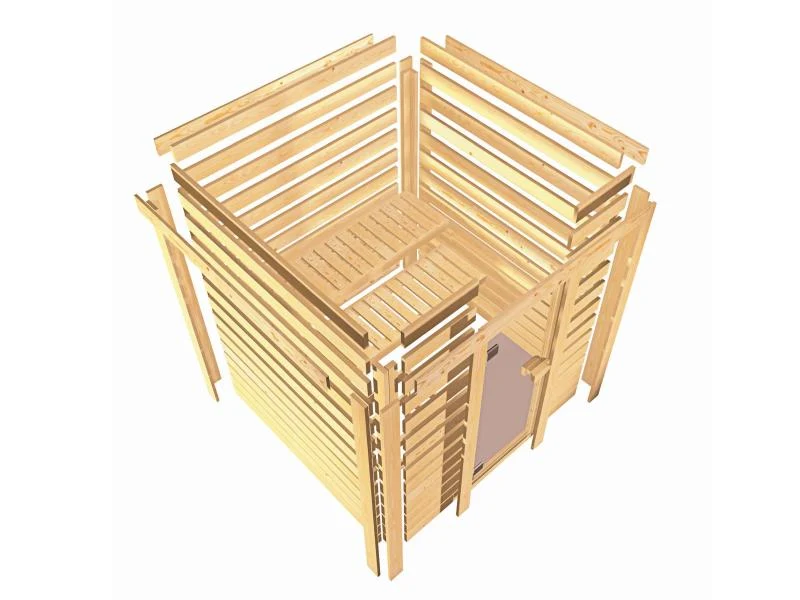 Karibu Sauna Elea inkl. 9 kW Ofen integr. Steuerung mit klassischer Saunatür -mit Dachkranz-