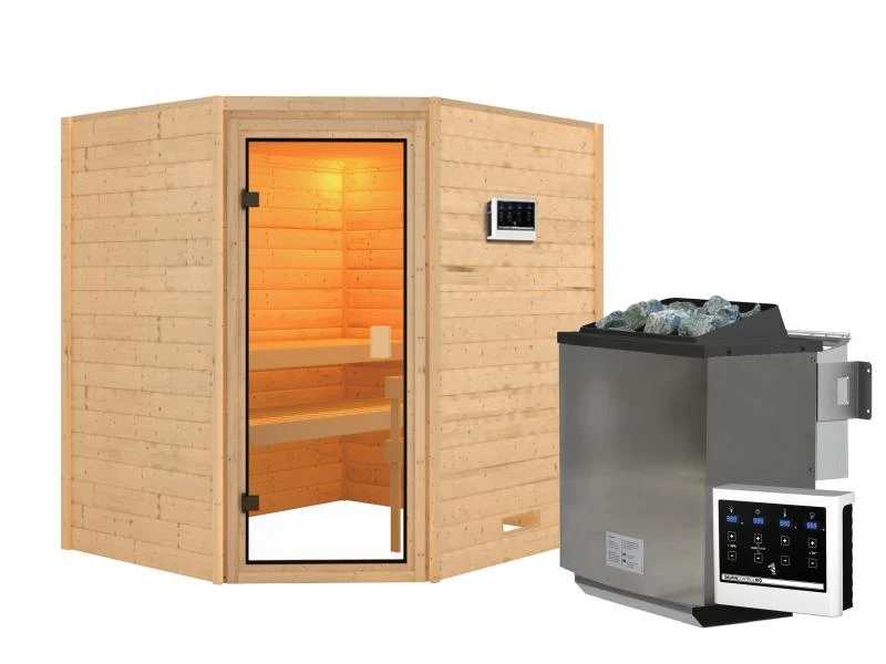 Karibu Sauna Elea inkl. 9 kW Bioofen ext. Steuerung mit klassischer Saunatür -ohne Dachkranz-