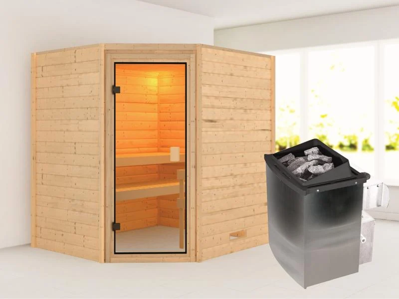 Karibu Sauna Elea inkl. 9 kW Ofen integr. Steuerung mit klassischer Saunatür -ohne Dachkranz-
