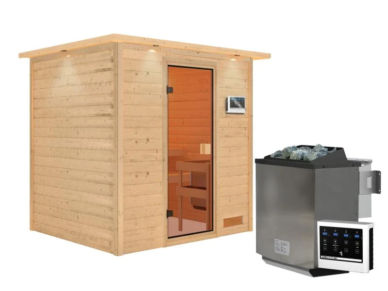 Karibu Sauna Adelina inkl. 9 kW Bioofen ext. Steuerung mit klassischer Saunatür -mit Dachkranz-
