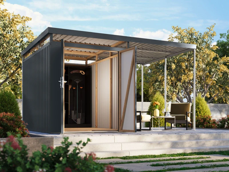 Karibu Metallhaus Aurum 2,5 in Anthrazit, inkl. Anbaudach 2 m