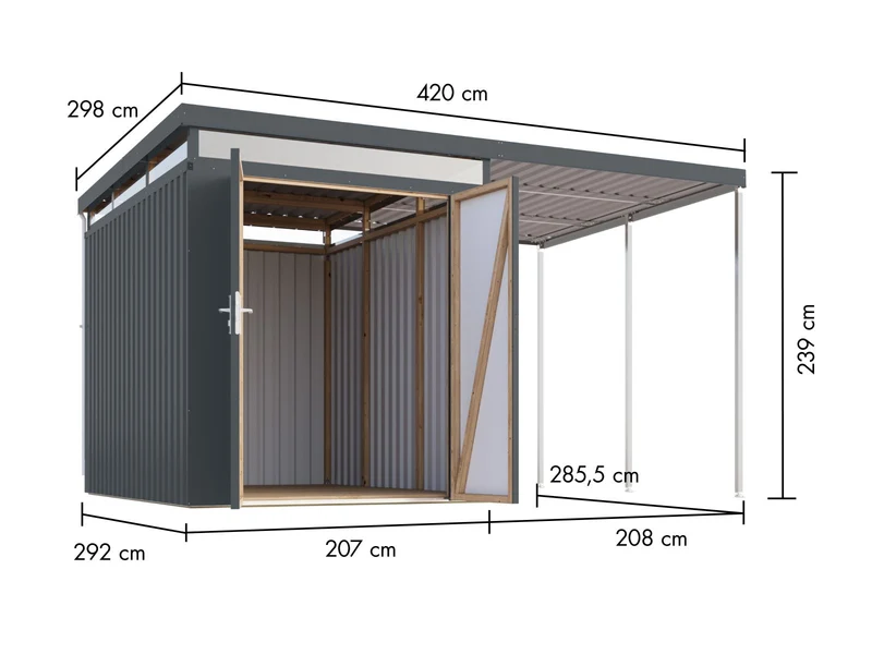 Karibu Metallhaus Aurum 2,5 in Anthrazit, inkl. Anbaudach 2 m