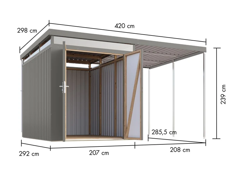 Karibu Metallhaus Aurum 2,5 in Graualuminium, inkl. Anbaudach 2 m