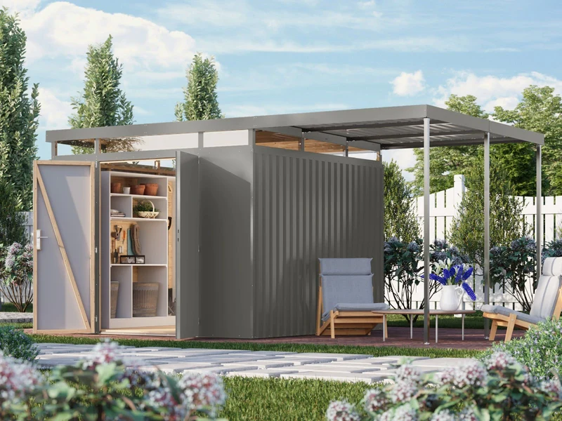 Karibu Metallhaus Aurum 3,5 in Graualuminium, inkl. Anbaudach 2 m