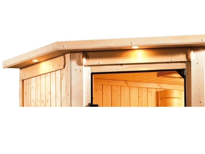 Karibu Sauna Adelina inkl. 9 kW Ofen ext. Steuerung mit klassischer Saunatür -mit Dachkranz-