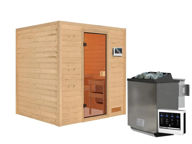 Karibu Sauna Adelina inkl. 9 kW Bioofen ext. Steuerung mit klassischer Saunatür -ohne Dachkranz-