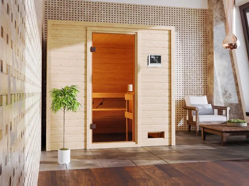 Karibu Sauna Adelina inkl. 9 kW Bioofen ext. Steuerung mit klassischer Saunatür -ohne Dachkranz-