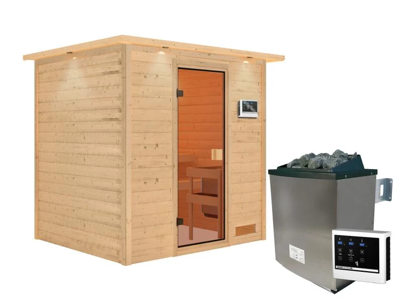 Karibu Sauna Adelina inkl. 9 kW Ofen integr. Steuerung mit klassischer Saunatür -mit Dachkranz-