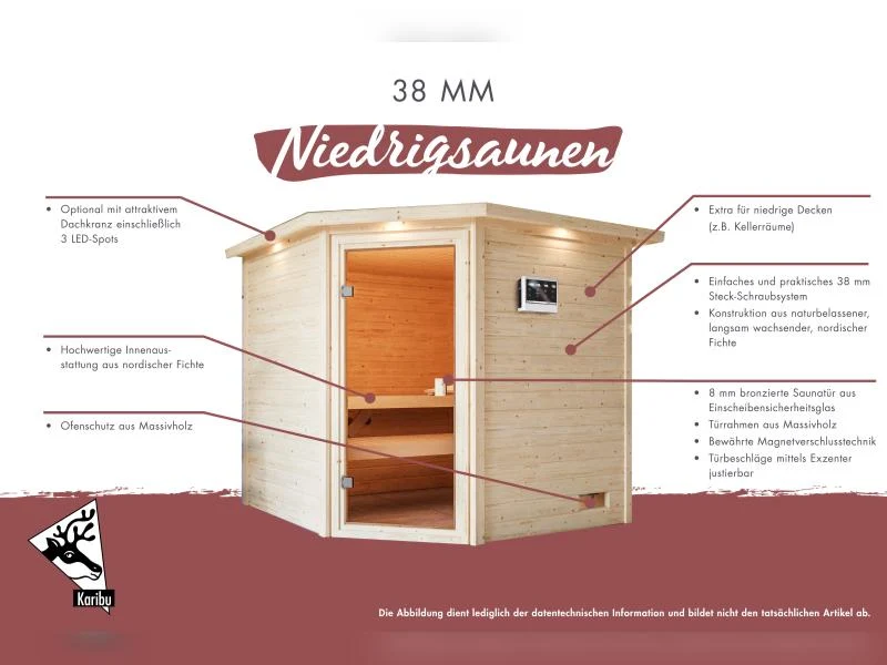 Karibu Sauna Adelina inkl. 9 kW Ofen integr. Steuerung mit klassischer Saunatür -mit Dachkranz-