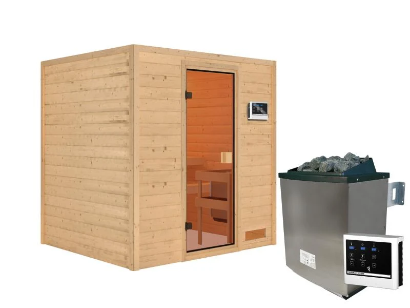 Karibu Sauna Adelina inkl. 9 kW Ofen ext. Steuerung mit klassischer Saunatür -ohne Dachkranz-