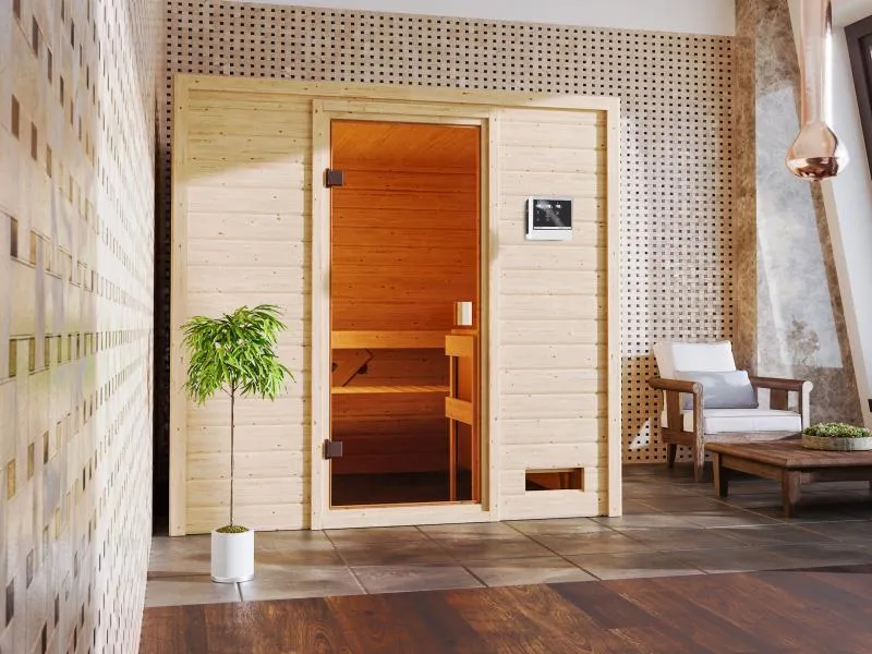 Karibu Sauna Adelina inkl. 9 kW Ofen ext. Steuerung mit klassischer Saunatür -ohne Dachkranz-