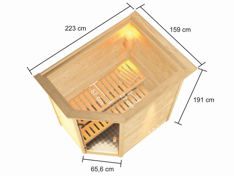 Karibu Sauna Jella inkl. 9 kW Bioofen ext. Steuerung mit klassischer Saunatür -mit Dachkranz-