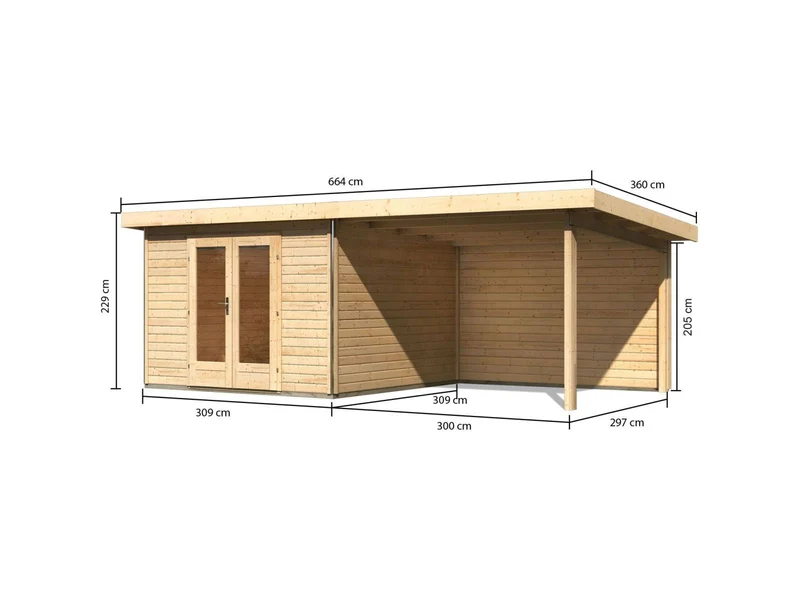 Karibu Gartenhaus Radeburg 1 natur mit Anbaudach 3,3 m inkl. Rückwand