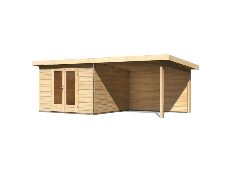 Karibu Gartenhaus Radeburg 1 natur mit Anbaudach 3,3 m inkl. Rückwand