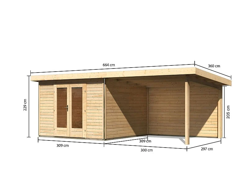 Karibu Gartenhaus Radeburg 1 natur mit Anbaudach 3,3 m inkl. Rückwand
