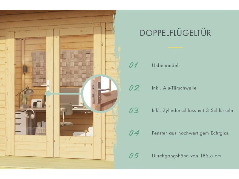Karibu Gartenhaus Radeburg 1 natur mit Anbaudach 3,3 m inkl. Rückwand