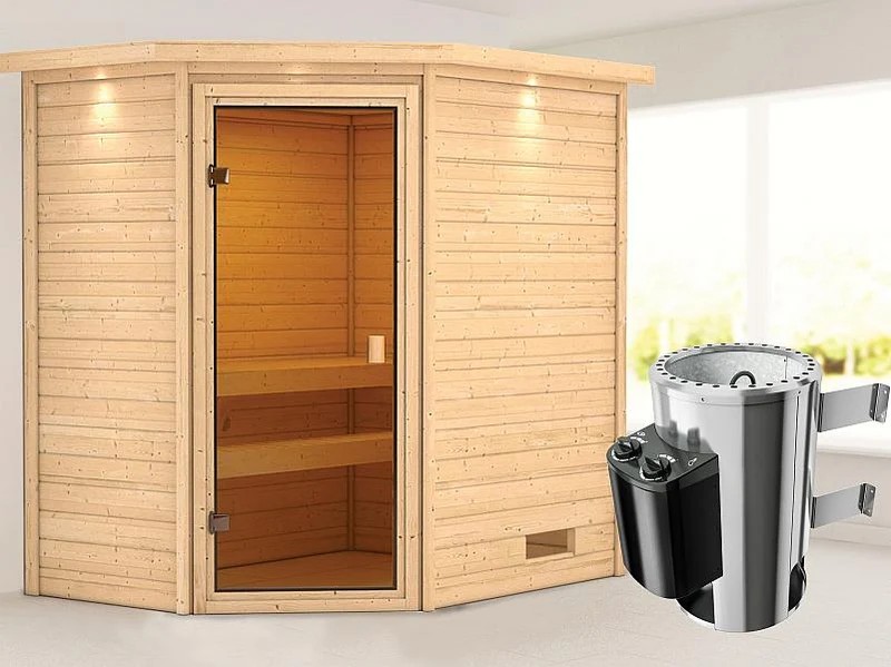 Karibu Sauna Jella mit 3,6 kW Ofen integr. Strg und Dachkranz 38 mm