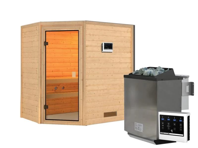 Karibu Sauna Jella inkl. 9 kW Bioofen ext. Steuerung mit klassischer Saunatür -ohne Dachkranz-