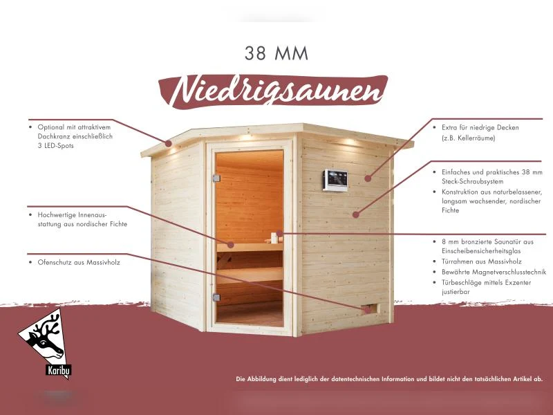 Karibu Sauna Jella inkl. 9 kW Bioofen ext. Steuerung mit klassischer Saunatür -ohne Dachkranz-