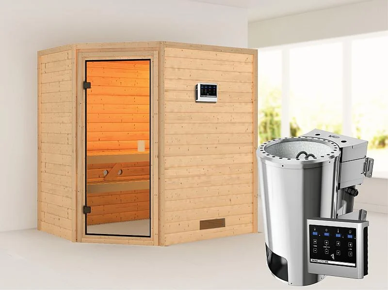 Karibu Sauna Jella mit 3,6 kW Bioofen ext. Strg 38 mm