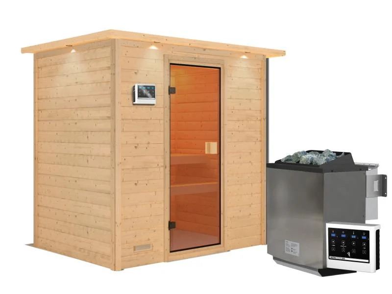 Karibu Sauna Selena inkl. 9 kW Bioofen ext. Steuerung mit klassischer Saunatür -mit Dachkranz-