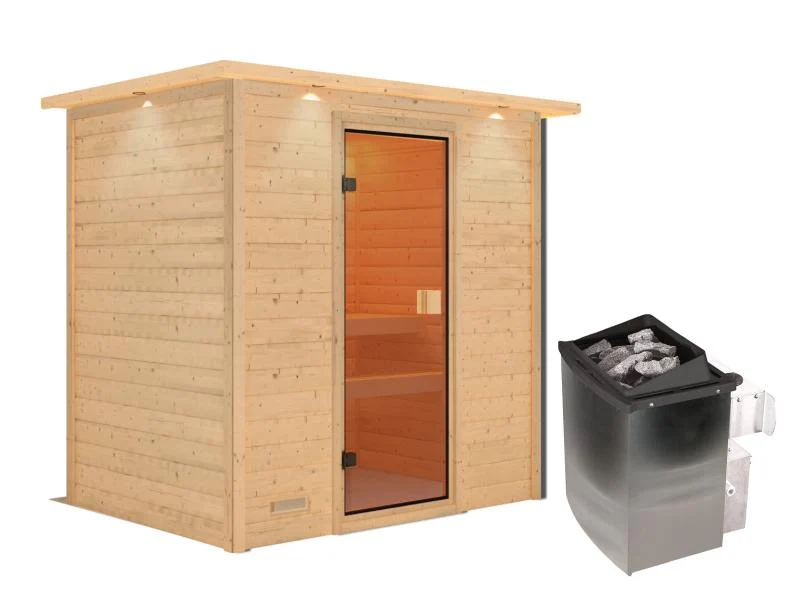 Karibu Sauna Selena inkl. 9 kW Ofen integr. Steuerung mit klassischer Saunatür -mit Dachkranz-