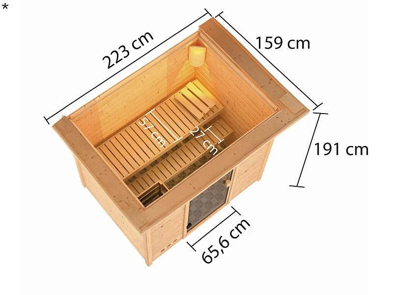 Karibu Sauna Selena mit 3,6 kW Bioofen ext. Strg und Dachkranz 38 mm