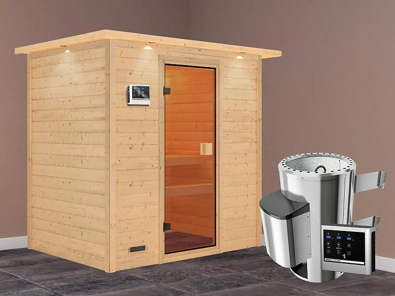 Karibu Sauna Selena mit 3,6 kW Ofen ext. Strg und Dachkranz 38 mm