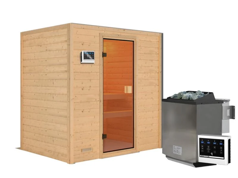 Karibu Sauna Selena inkl. 9 kW Bioofen ext. Steuerung mit klassischer Saunatür -ohne Dachkranz-