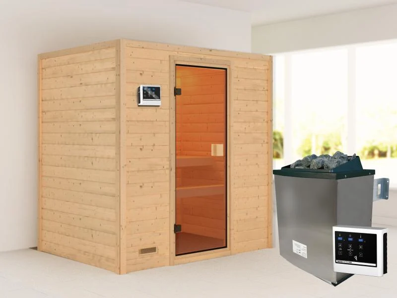 Karibu Sauna Selena inkl. 9 kW Ofen ext. Steuerung mit klassischer Saunatür -ohne Dachkranz-