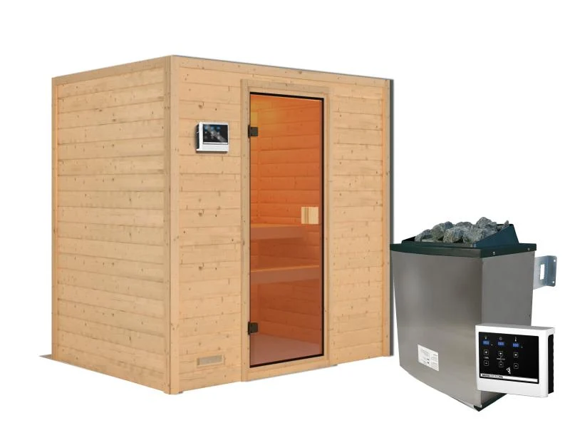 Karibu Sauna Selena inkl. 9 kW Ofen ext. Steuerung mit klassischer Saunatür -ohne Dachkranz-