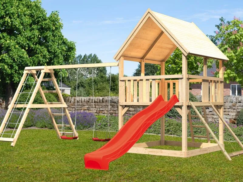 Karibu Spielturm Luis Satteldach + Rutsche rot + Doppelschaukelanbau Klettergerüst + Netzrampe