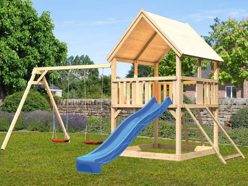 Karibu Spielturm Luis Satteldach + Rutsche blau + Doppelschaukel + Netzrampe