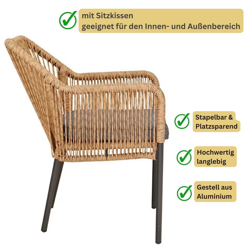 Terrassenstuhl mit Armlehnen und Sitzkissen - stapelbar