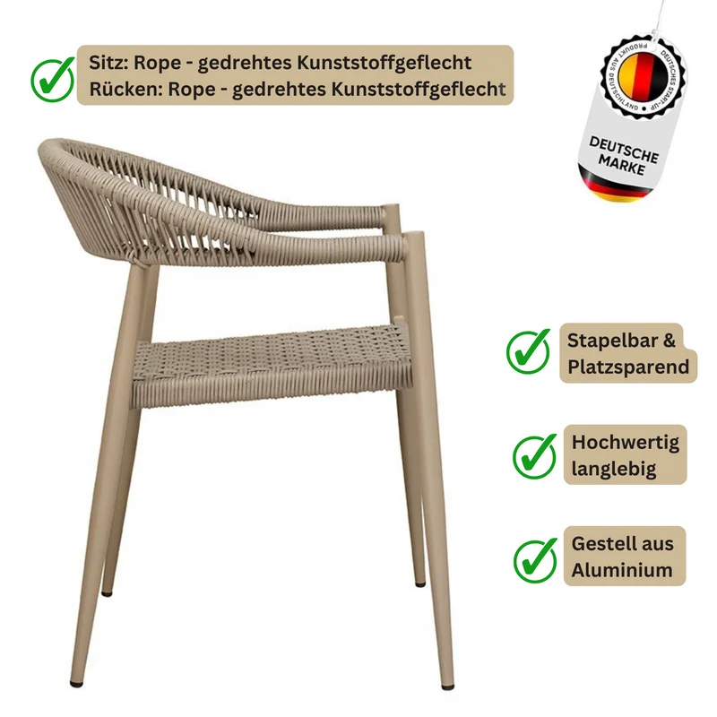 Gartenstuhl wetterfest mit Armlehnen aus Kunststoff- Stapelbar- Beige