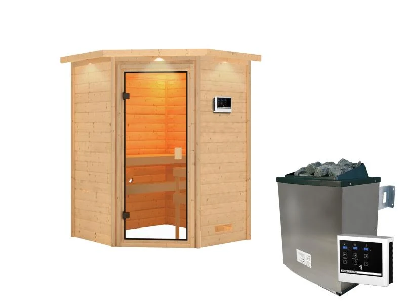 Karibu Sauna Antonia inkl. 9 kW Ofen ext. Steuerung mit klassischer Saunatür -mit Dachkranz-