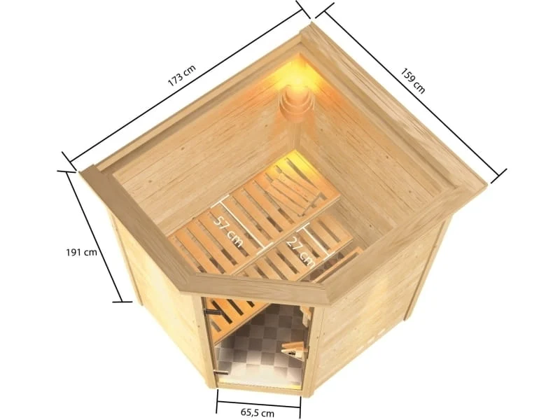 Karibu Sauna Antonia inkl. 9 kW Ofen integr. Steuerung mit klassischer Saunatür -mit Dachkranz-