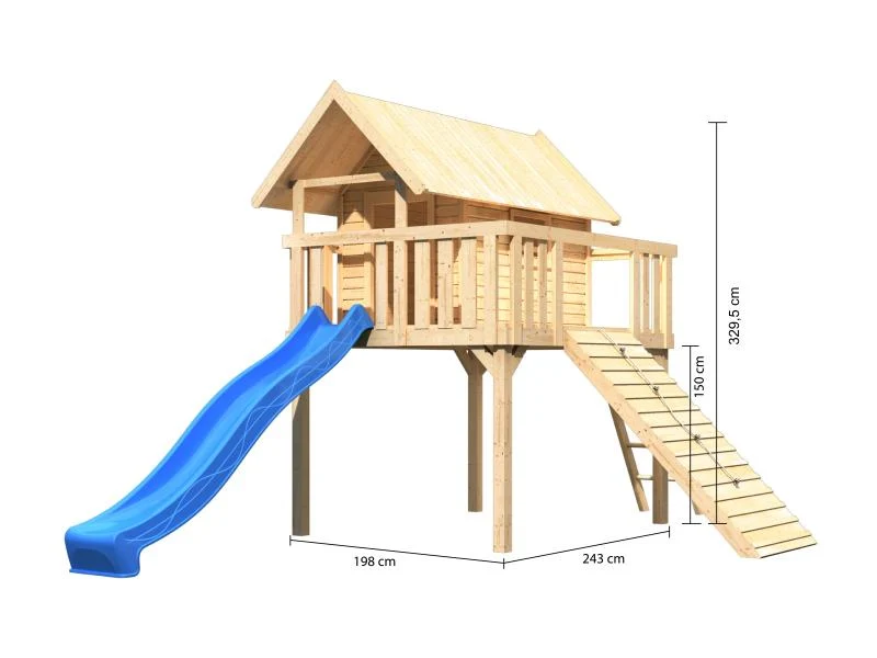 Karibu Stelzenhaus Fidel naturbelassen + Rutsche blau + Holzrampe