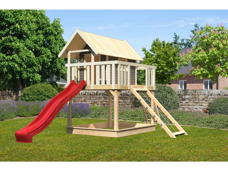 Karibu Stelzenhaus Fidel terragrau + Rutsche rot + Netzrampe