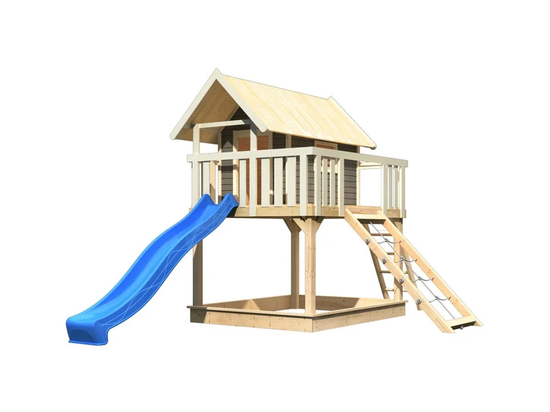 Karibu Stelzenhaus Fidel terragrau + Rutsche blau + Netzrampe