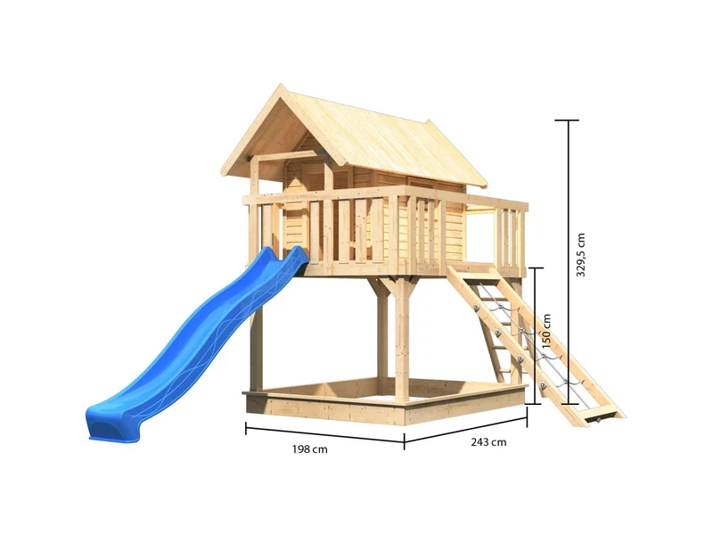 Karibu Stelzenhaus Fidel naturbelassen + Rutsche blau + Netzrampe