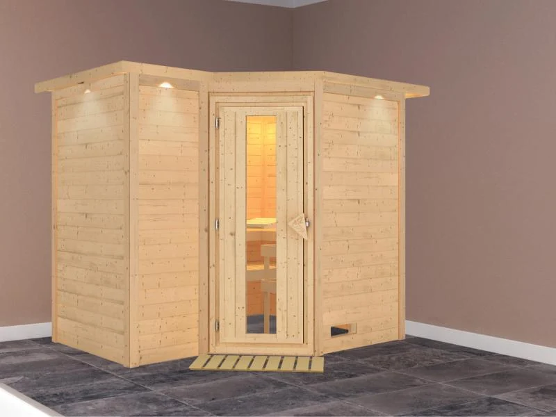 Karibu Sauna Sahib 2 ohne Ofen, mit Dachkranz, mit energiesparender Saunatür