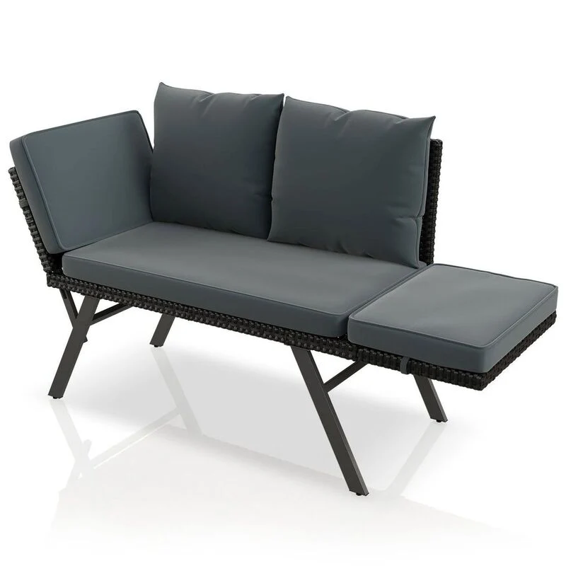 B-Ware Polyrattan Gartenbank Calvia schwarz grau creme mit Liegefunktion für 2-3